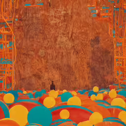 an art print of a man standing in front of a crowd of balloons,orange, blue and yellow balloons and scaffolding in an outdoor space
