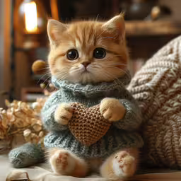the kitten is wearing a knitted sweater with a heart,an orange tabby kitten wearing a sweater holds a heart