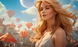 a girl with long hair is in front of floating objects