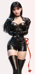 a model wearing latex and leather clothes, with her hands on her hip