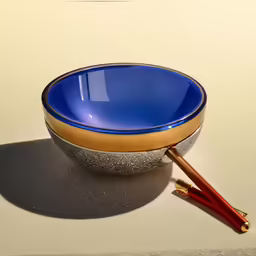 two blue and gold ceramic bowls next to a golden cane