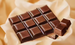 chocolate blocks are on the table next to a piece of fruit