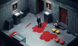 an artistic rendering shows a man in a suit standing in an abandoned room