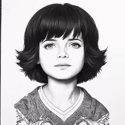 black and white pencil portrait of a girl with long dark hair