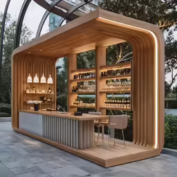 a bar with lots of bottles and a wooden structure