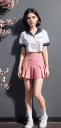 young woman in pink tennis skirt posing for a photo
