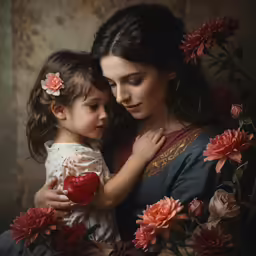 there is a mother holding her daughter with flowers around them