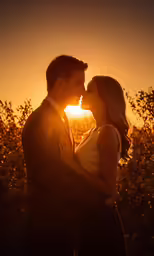 a man and woman in front of a sunset