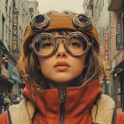 a woman in glasses is standing near a sign on a busy street