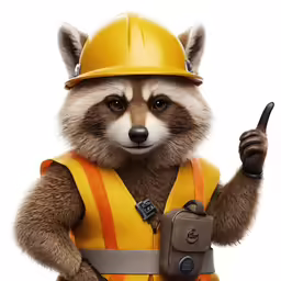 a raccoon dressed in construction clothes holding a hand and giving a thumbs up