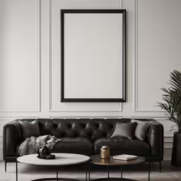 a modern black and white living room with a leather sofa, black tables, and two plants