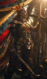 a woman with a large sword and armor in a forest
