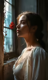 a woman in white dress standing by a window