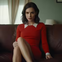 a woman is sitting on a leather sofa