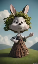 the little rabbit is posing on top of a tree stump