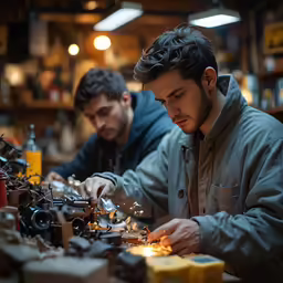 two men are working with metal tools together