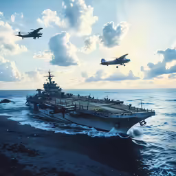 a plane flying over the ocean and military ships