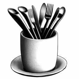 a bowl holding many forks and spoons