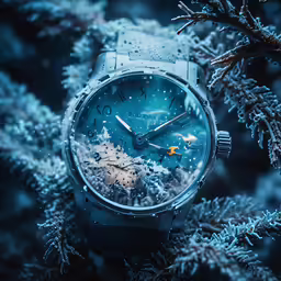 a watch is sitting on snow covered branches