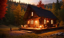 a log cabin on an island with candle lights on the porch,a log cabin is lit up for nighttime with patio chairs on the porch