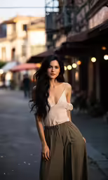 a woman is posing on a city street