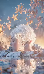 the blonde girl is submerged in water surrounded by leaves