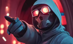 an alien in a red and black suit points to a dark room