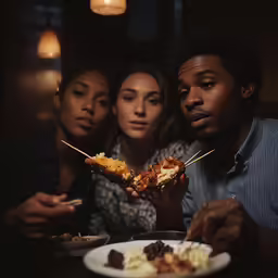 a couple of women sit next to a man holding food