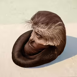 a monkey in a fur hat, laying down