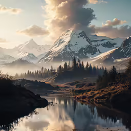 the mountains are shown with mist and fog