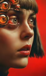 a woman with hair in curl curls and metal eye pieces