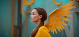 there is a woman with large yellow wings on her head