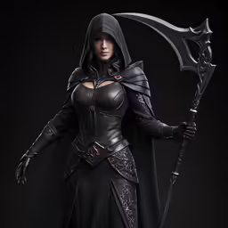 a female figure in black with a large axe