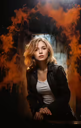 a girl that is standing with her hands on her chest and looking out of fire