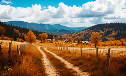 a dirt road in the middle of a grassy field with mountains behind