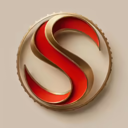 a circular sign with a shiny red and gold letter s