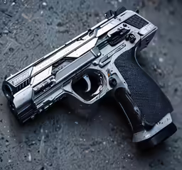 the pistol is laying on its side on a concrete surface