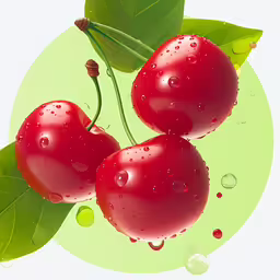 a painting of three cherries on a green and yellow background,four cherries with leaves with water drops on them