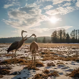 two birds are standing in the snow with trees behind them