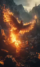 a bird is in mid air on a pile of rocks