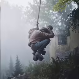 a man flying in the air while riding a zipline