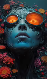 a close up of a woman with lots of flowers around her eyes