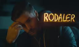 a man holds his head to his face while looking up at the viewer in front of a sign reading rodaler