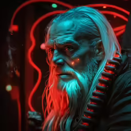 man with glowing hair and beard sitting in front of a neon red light