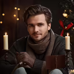 a young man is posed with candles in front of him