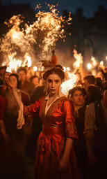 woman with firework on her head stands in front of crowd
