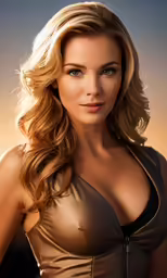 the beautiful blonde lady has big breast and is posing for a photo