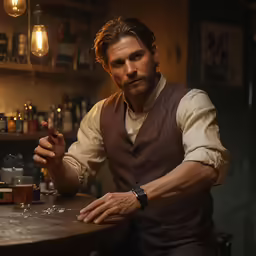 a bearded man sits at a bar holding an open glass