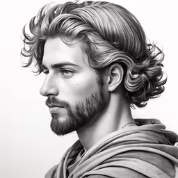 a man with a beard and frizzy hair is wearing a draped robe