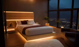 a bed in a bedroom next to a window at night